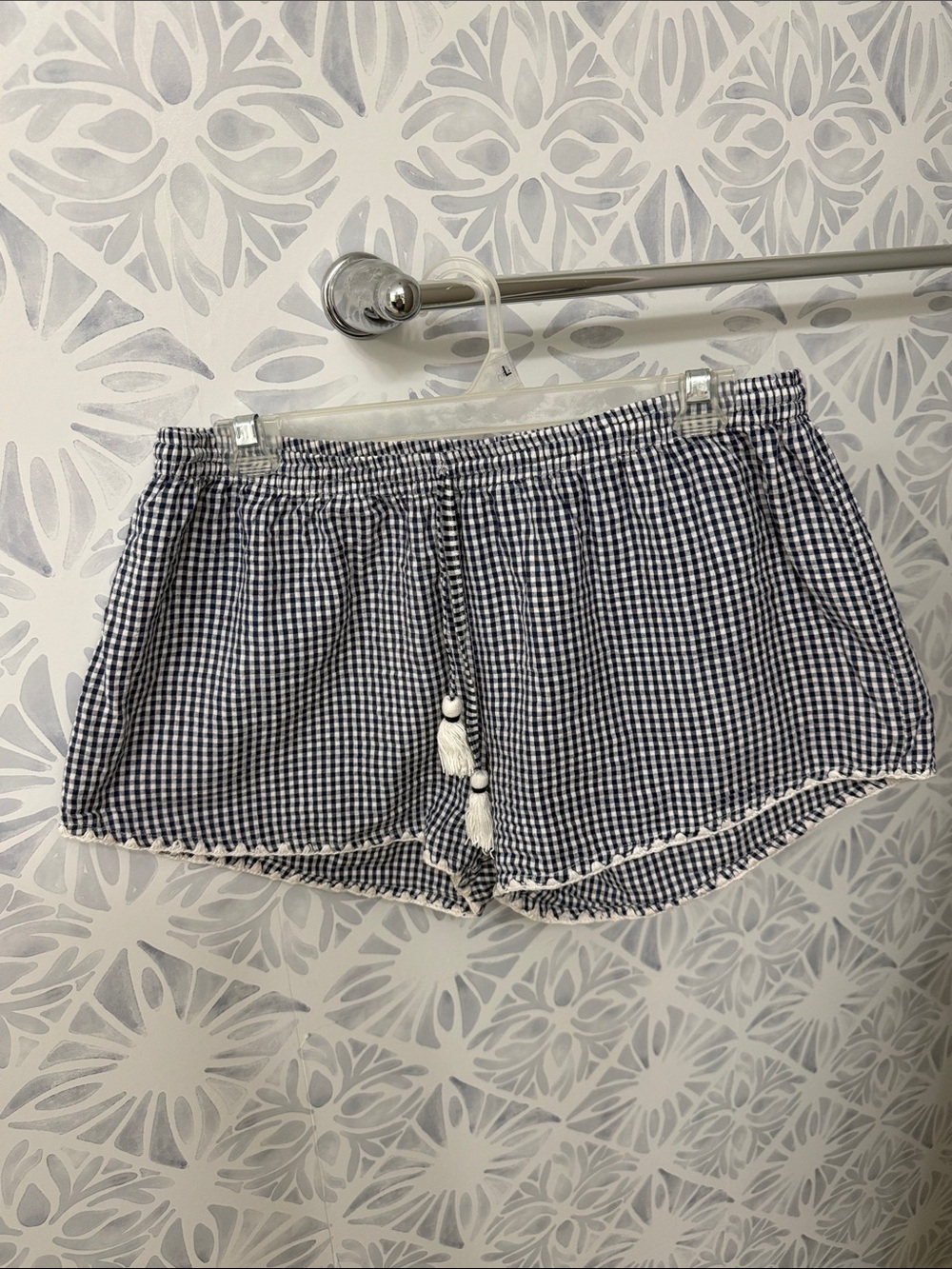 Madison Matthew’s Navy and White Gingham Elastic Waist Shorts with Tassel Detail